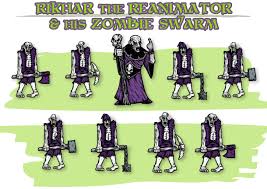 Bekir's Battlers Wooden Minis Rikar the Dread Reanimator and his Zombie Swarm by Crumbling Keep